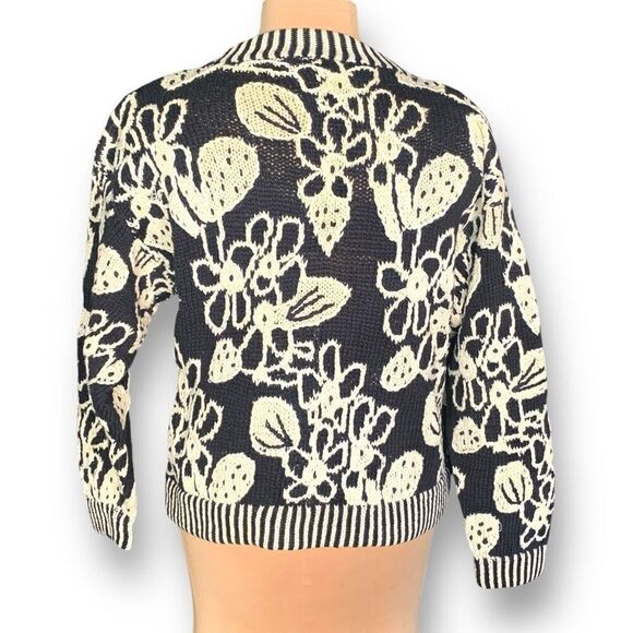 Vintage 90s Cardigan Sweater Round Neck Cropped Knit Black Dark Floral Oversized - Picture 5 of 12